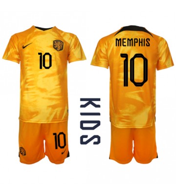 Lacne Dětský Futbalové dres Holandsko Memphis Depay #10 MS 2022 Krátky Rukáv - Domáci (+ trenírky)
